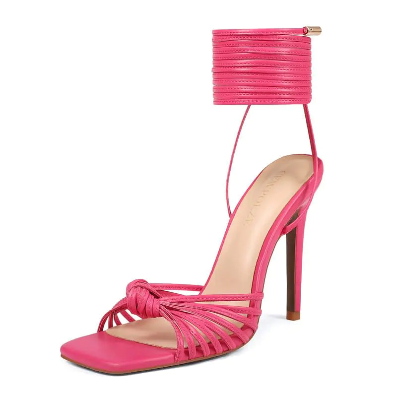 Cewpoeze Womens Open Toe Lace up Strappy Heels Sexy Tie up Stiletto High Heel Sandals Dress Shoes for Women (Hot Pink 7)