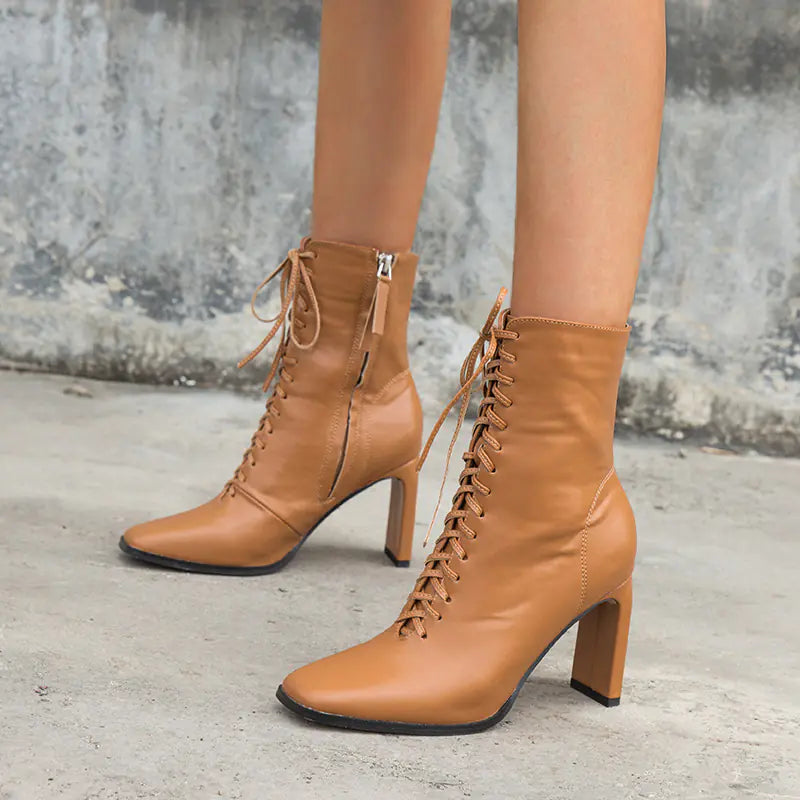 Fashion Leather Women's Boots with Thick Heels