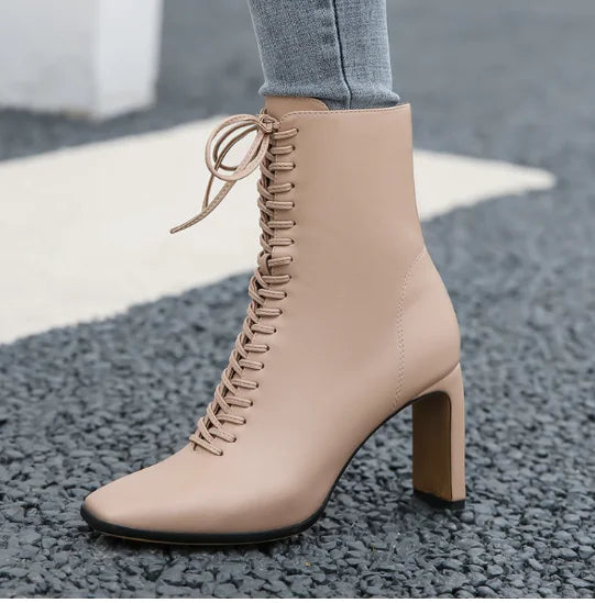 Fashion Leather Women's Boots with Thick Heels