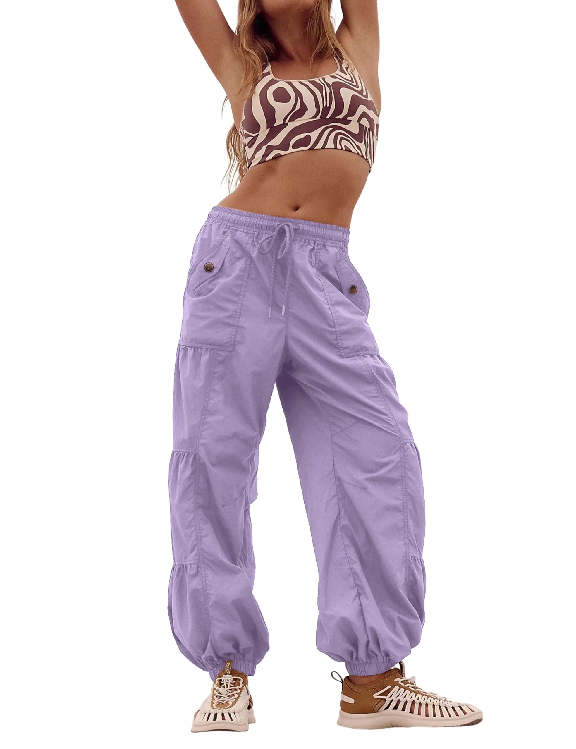 Bankeng Parachute Pants for Women Cargo Pants with Pockets Elastic Waist Drawstring Baggy Hiking Pants(PurpleLarge)