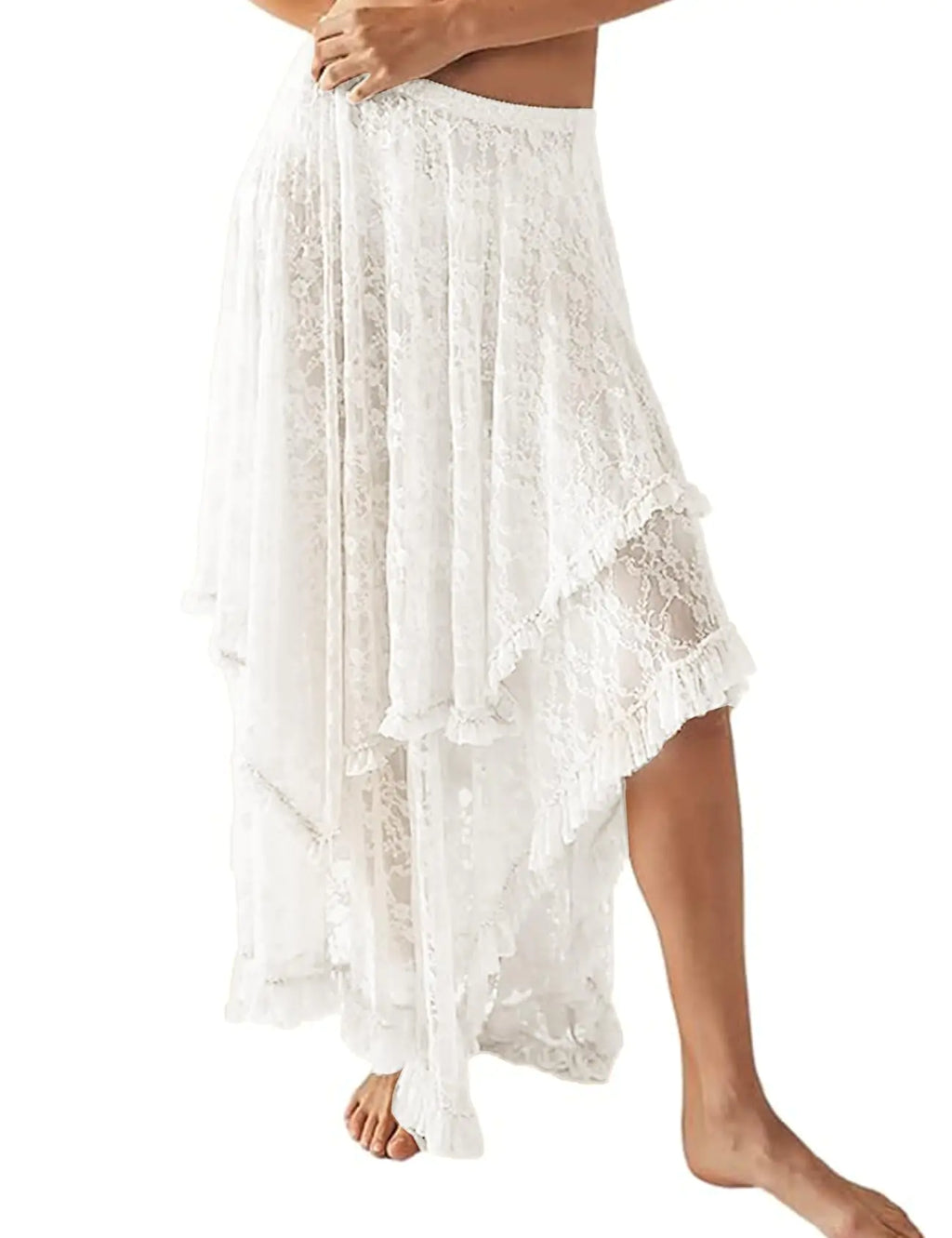 Yimoon Womens Floral Lace Long Skirts Elastic Asymmetrical Layered See-Through Maxi Skirts Sexy Sheer Flowy Beach Skirt(White-S)
