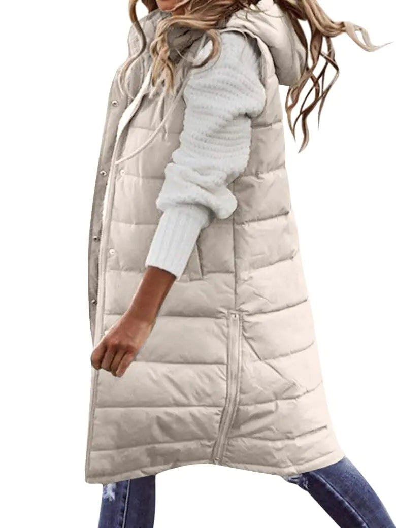 Ytfsrukp Oversized Long Down Vest for Women Outdoor Coats with Hood Long Puffer Vest Winter Coats Sleeveless Warm Jacket Beige