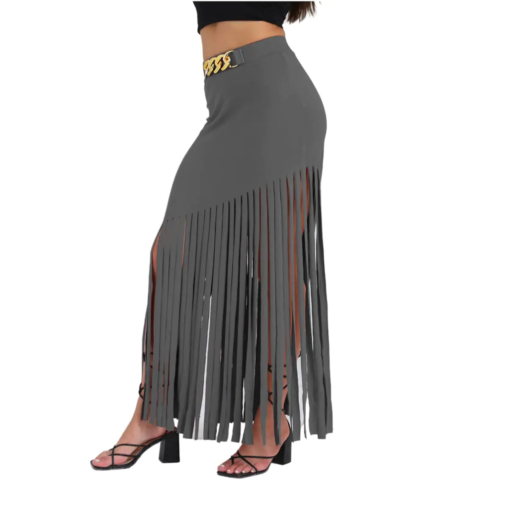 MATSUMIZUYU Womens Punk Style Fringe Skirt Elastic High Waist Sexy Skirts Grey (XL)