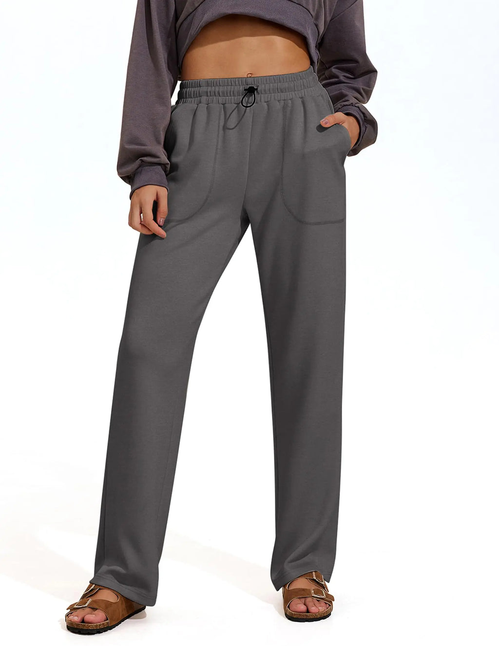 PINSPARK Female Straight Dance Pants Loose Casual Sweat Pants High Waisted Full Length Sports Pants with Pockets Dark Gray XL