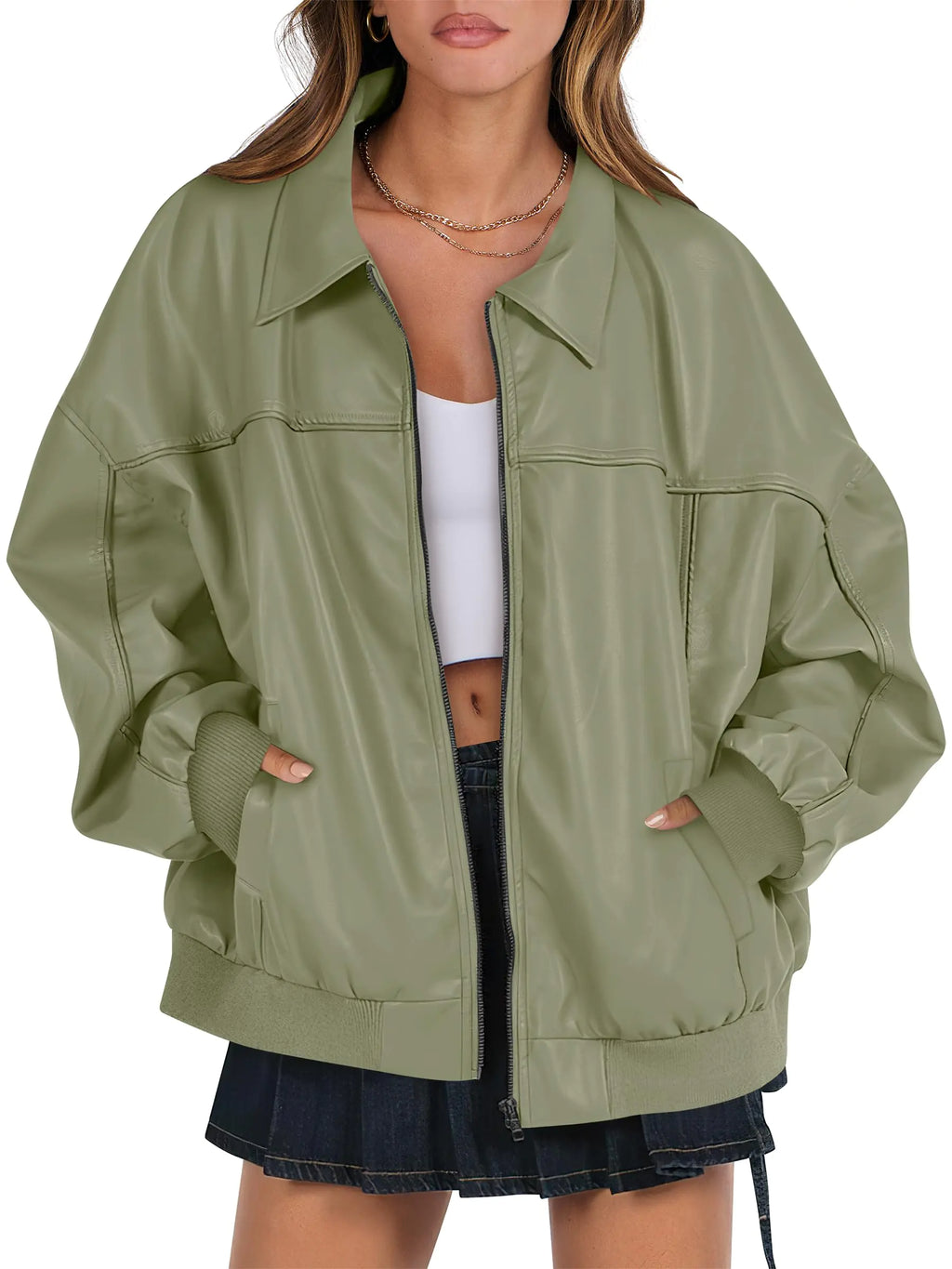 ANRABESS Womens Oversized Leather Jackets Faux Suede Fall Fashion Motorcycle Coats Winter Outfits Clothes 2024 Green Small