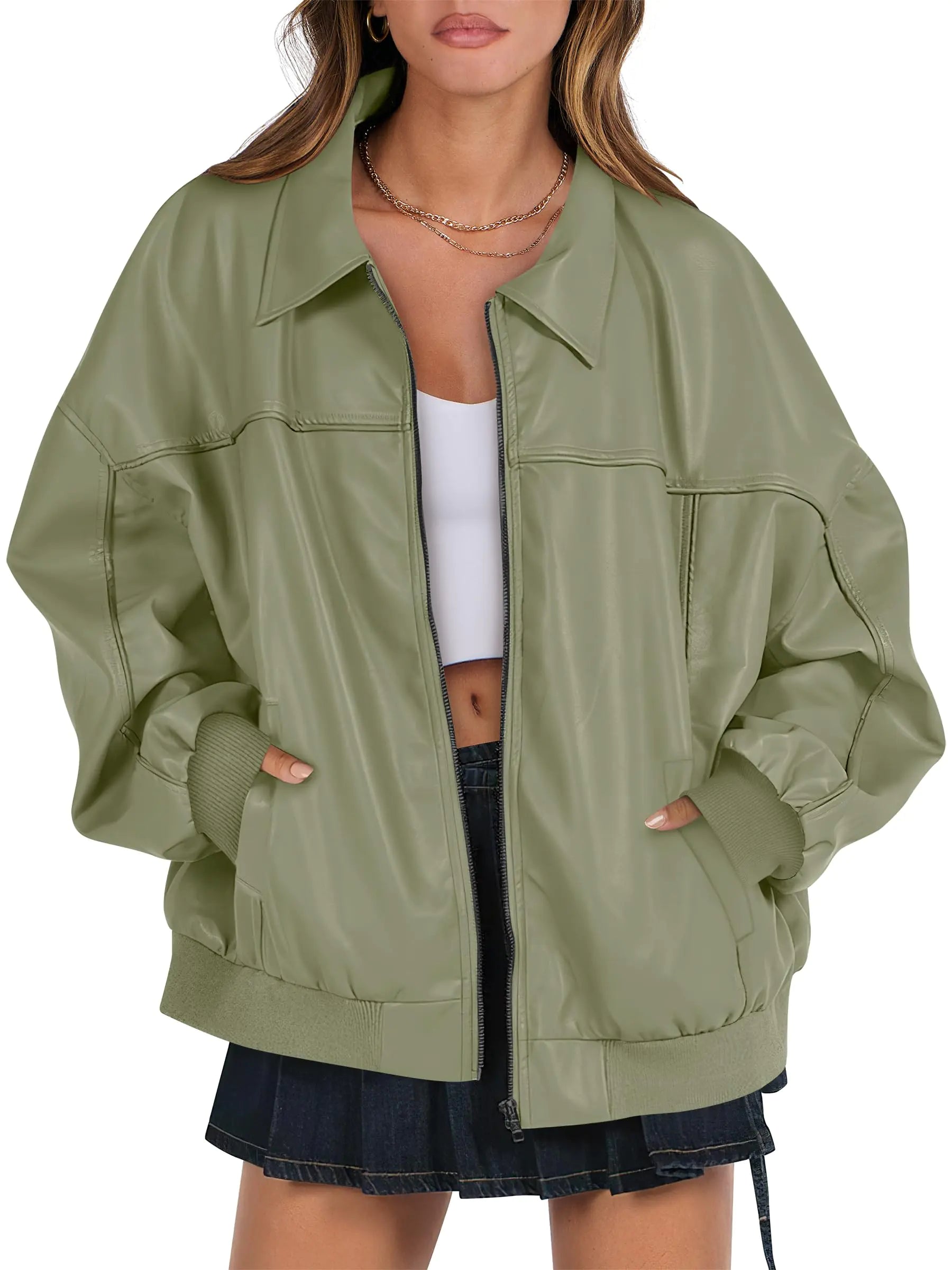 ANRABESS Womens Oversized Leather Jackets Faux Suede Fall Fashion Motorcycle Coats Winter Outfits Clothes 2024 Green Small