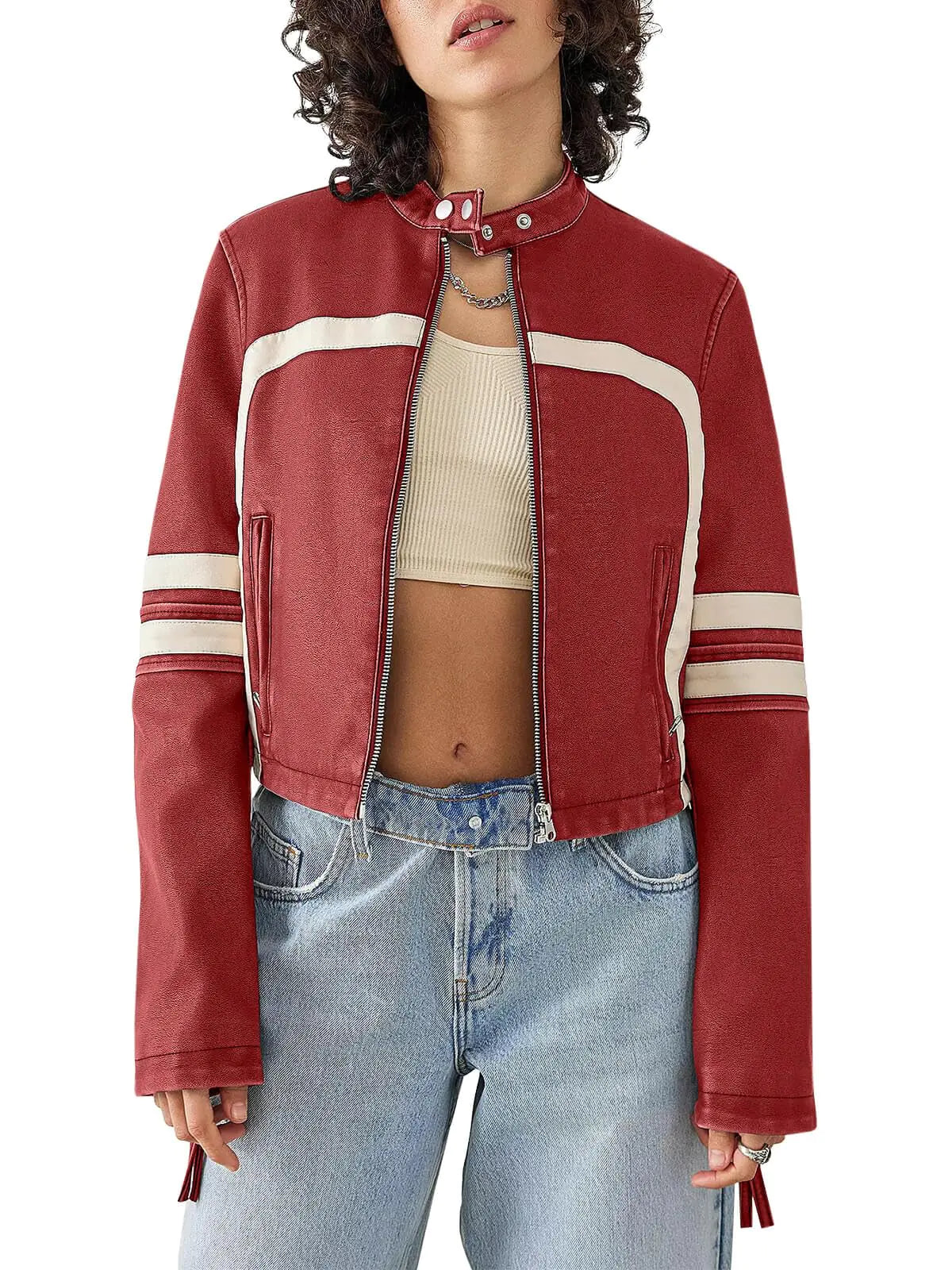 Saodimallsu Women’s Faux Leather Jackets Zip Up Stand Collar Cropped Motocross PU Coats