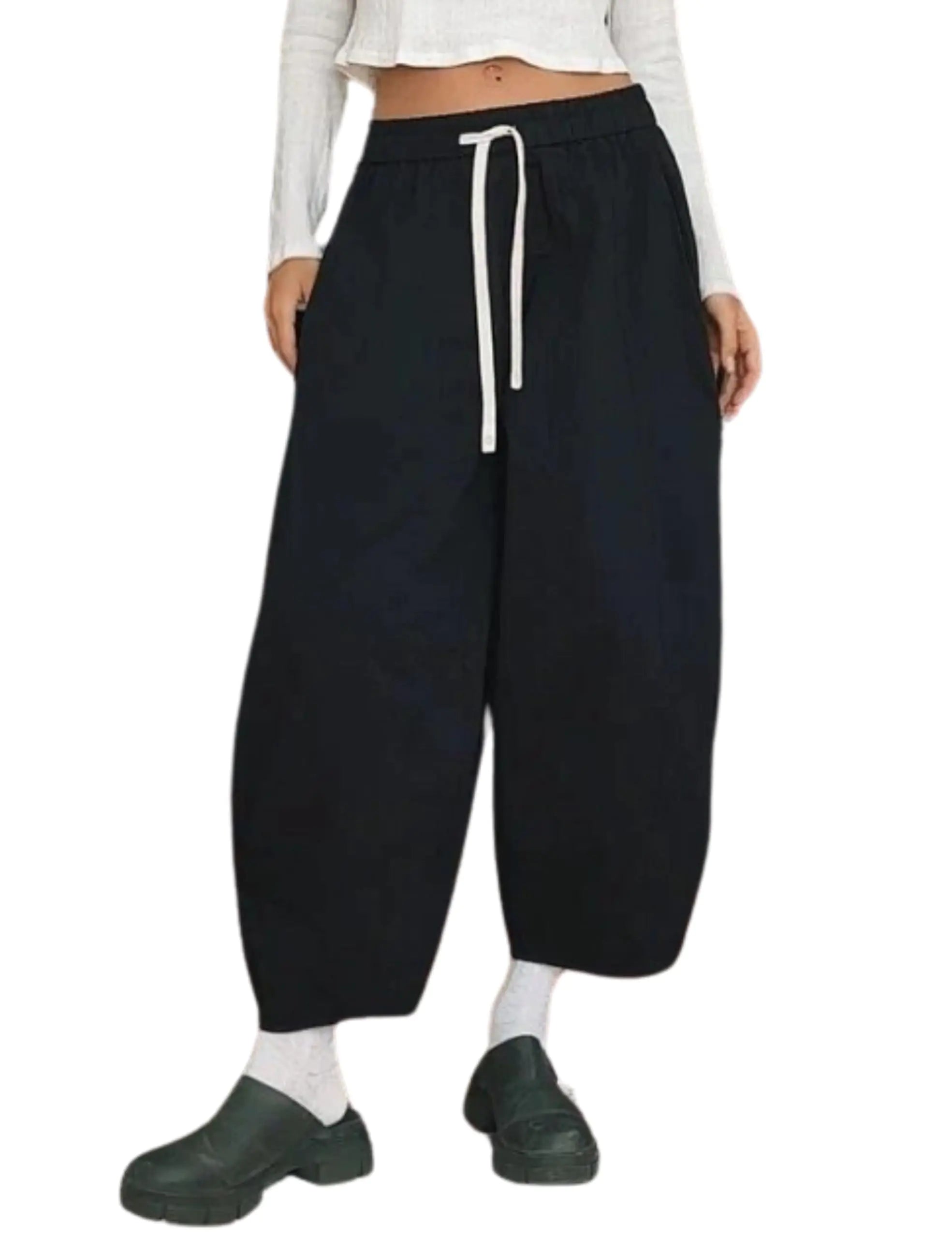 Xiaoxuemeng Wide Leg Pants for Women Cotton Casual Barrel Pants High Waisted Palazzo Harem Pants with Pockets(Black-L)