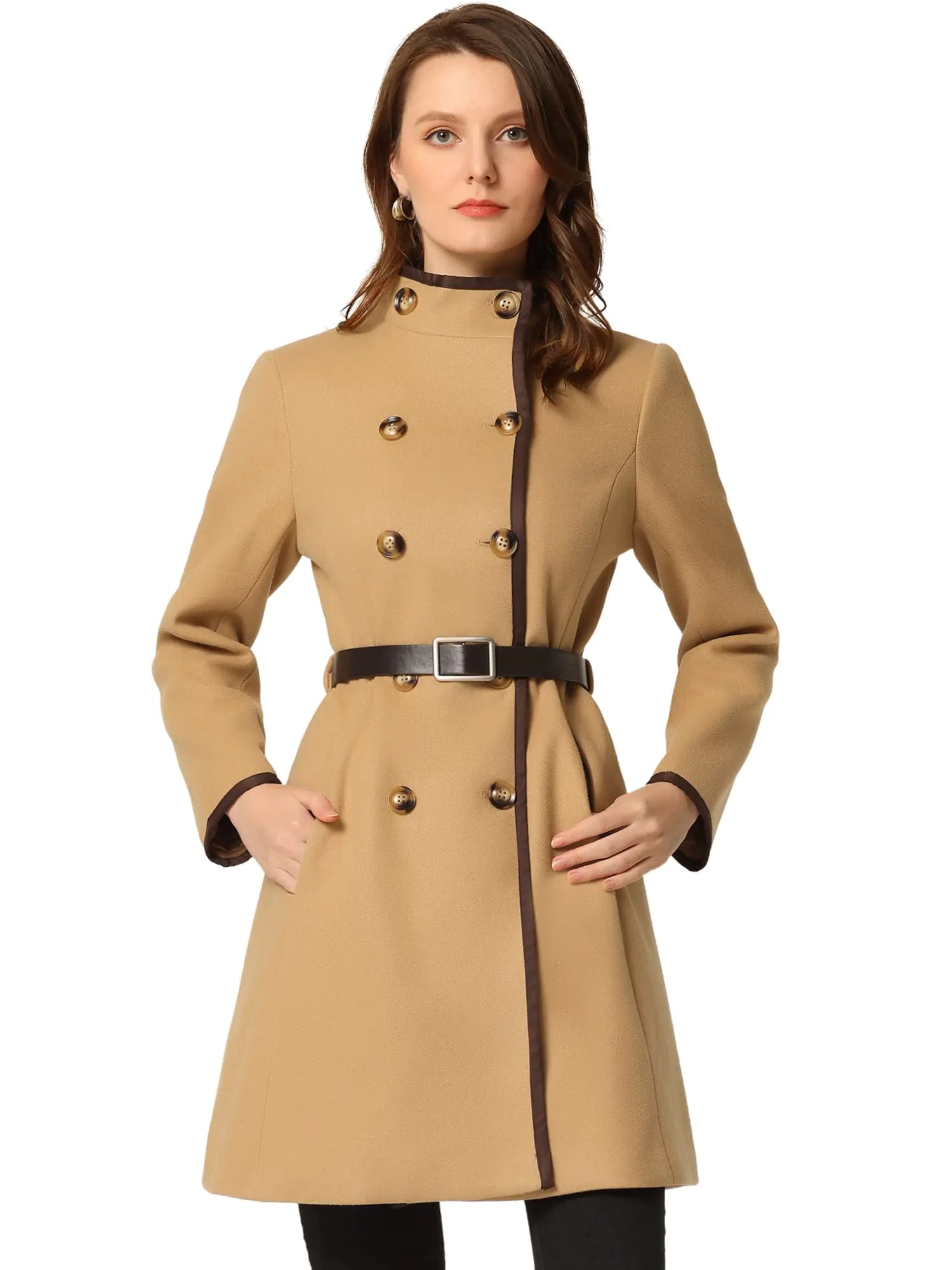Allegra K Womens Stand Collar Coats Belted Mid-Long Winter Peacoat Small Khaki