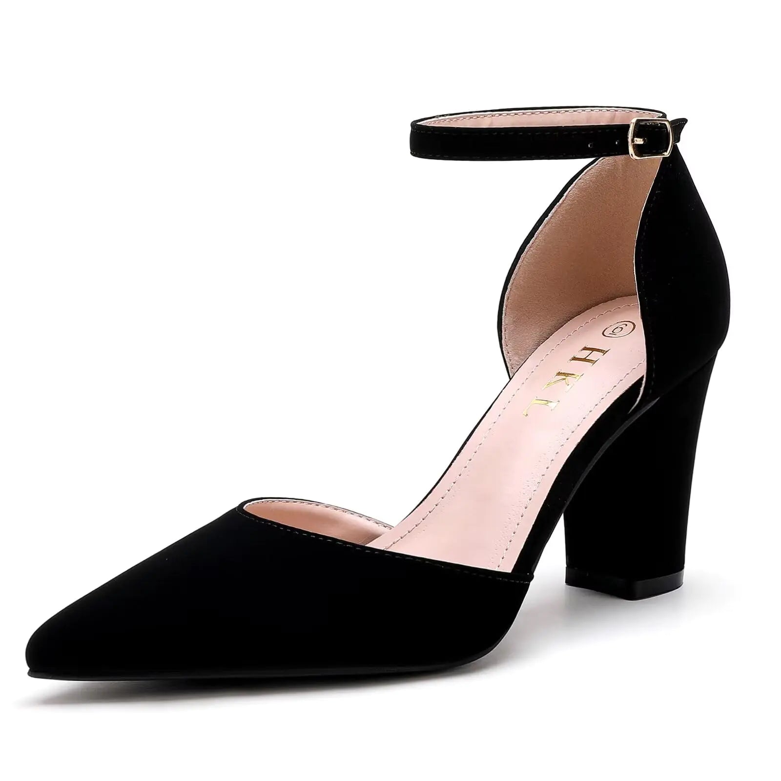HKL Womens Closed Toe Pointed High Heel Pumps - 3 Inch Chunky Block Heels Dress Shoes for Women Black Nubuck Size 7