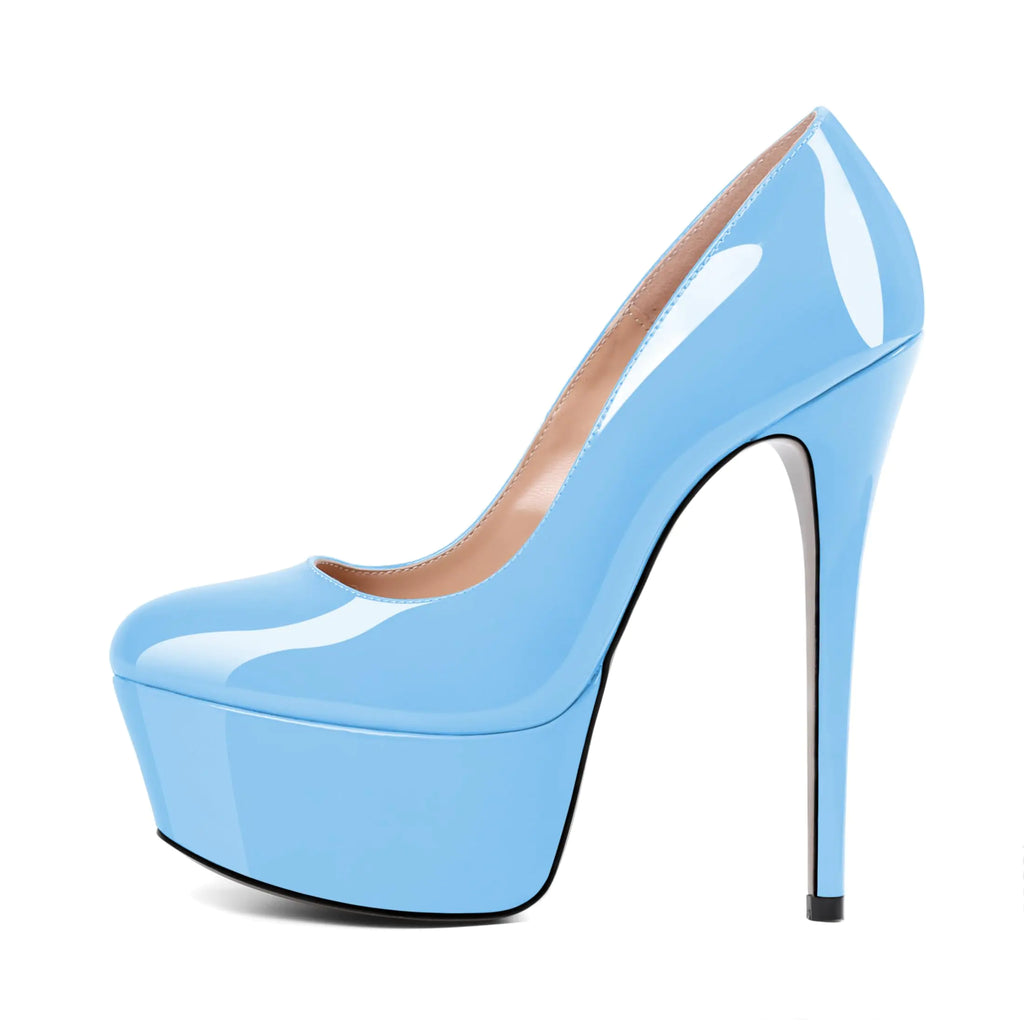 Eldof Womens Platform Heels Slip On Round Closed Toe Stiletto High Heel Pumps Dress Shoes for Wedding Party 6 Inches Patent Light Blue US Size 7.5