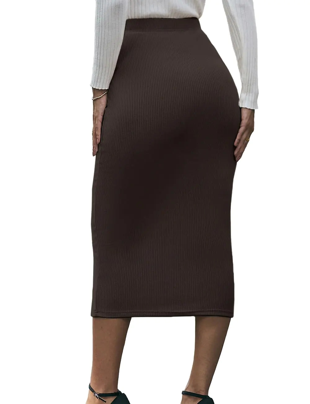 Brown Ribbed Midi Skirt – High Waist, Comfortable and Versatile