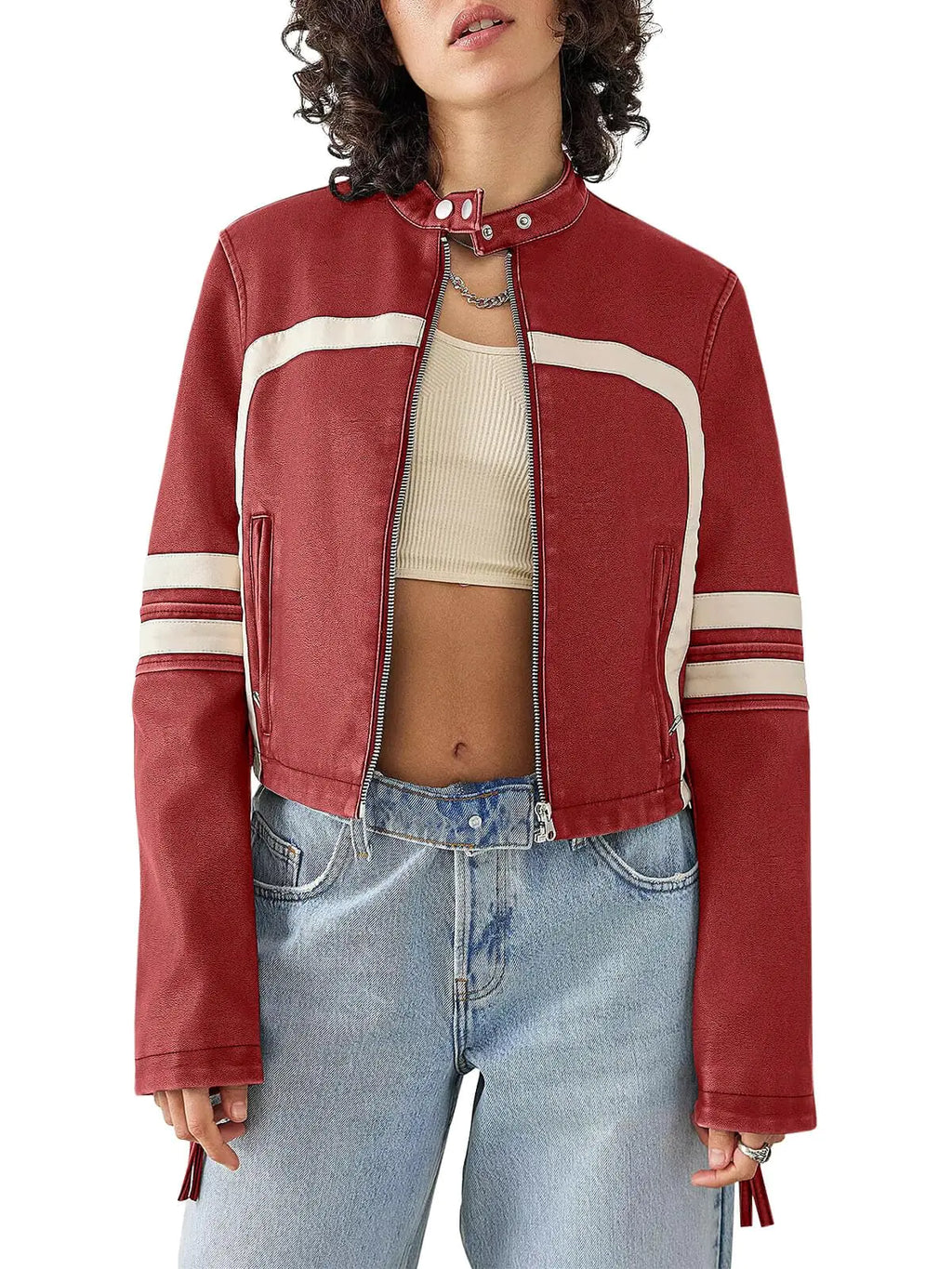 Saodimallsu Women’s Faux Leather Jackets Zip Up Stand Collar Cropped Motocross PU Coats