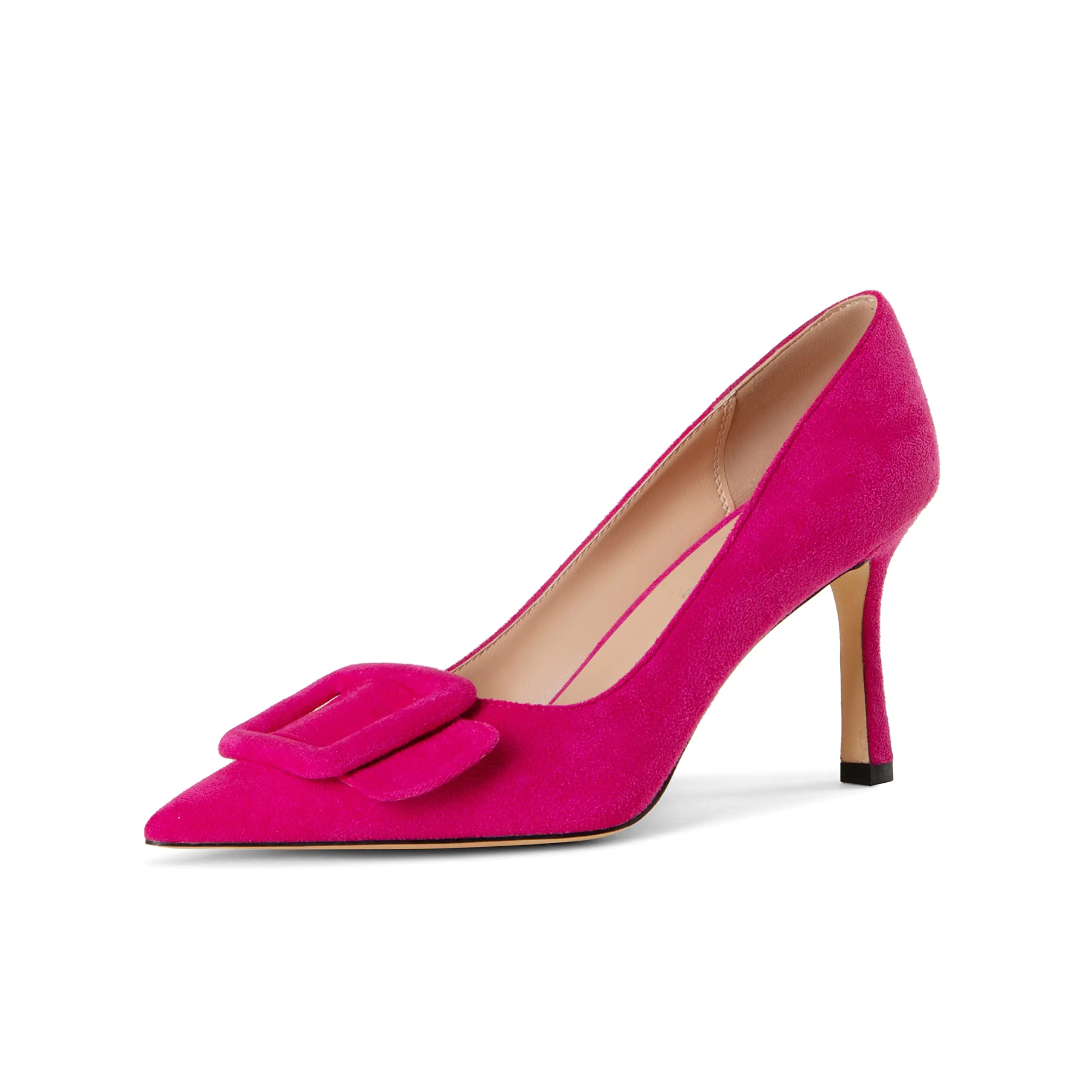 Fericzot Womens Stiletto High Heel Pumps Wedding Party Closed Classic Dress Heeded Shoes with Square Buckle Hot Pink-Suede 9