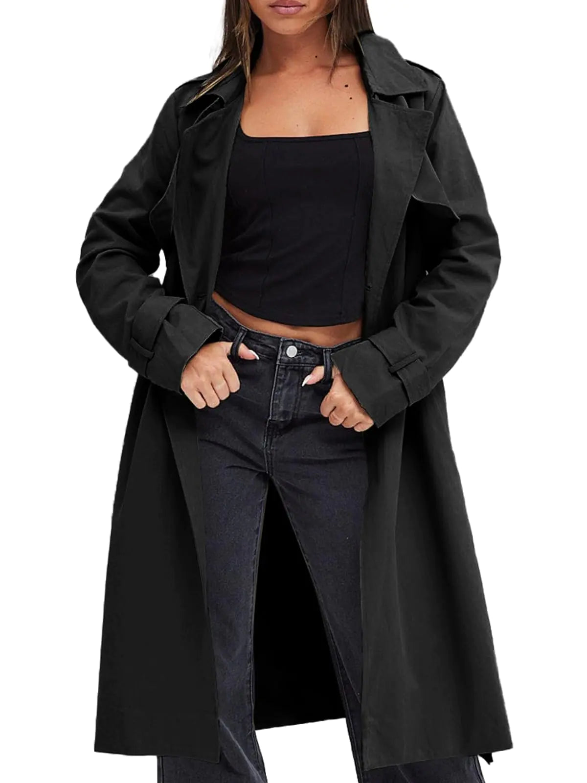 Fisoew Womens Double Breasted Trench Coats Causal Windproof Long Lapel Pocketed Overcoat with Belt